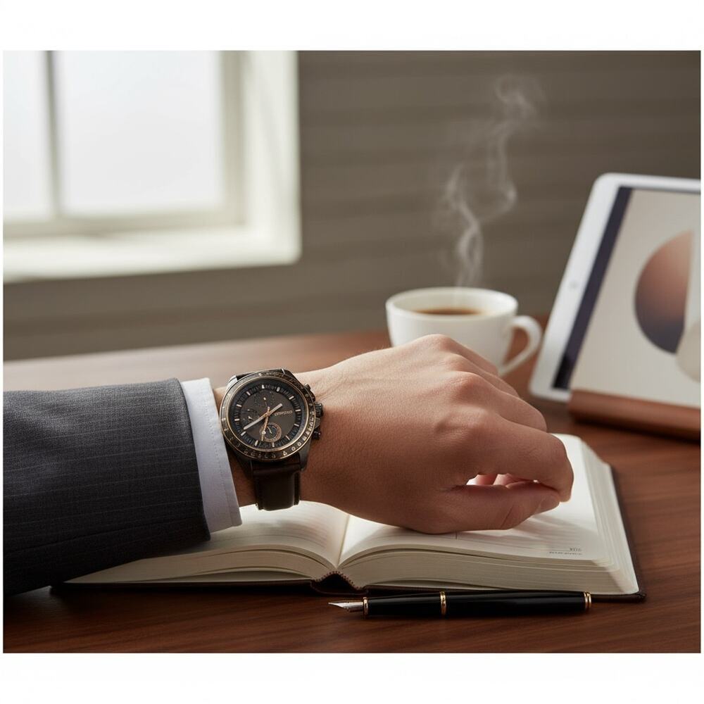 Express Men’s Chronograph Watch Black & Rose Gold | Genuine Leather Strap